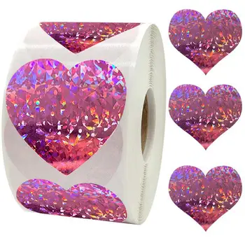  1,5 дюйма голографические лазерные наклейки в виде сердца на День святого Валентина Розовые фиолетовые сверкающие клейкие этикетки со светоотражающими любовными наклейками