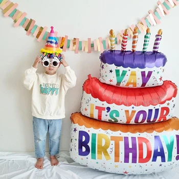  1 шт. Торт на день рождения Большой Красочный YAY Трехслойный торт со свечами Алюминиевая пленка Детский день рождения Украшение из воздушного шара
