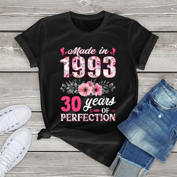  100% хлопок Сделано в 1993 году Цветочный 30-летний 30-летний подарок на день рождения Женщины Повседневные цветы Футболка Harajuku Tee Модная летняя рубашка