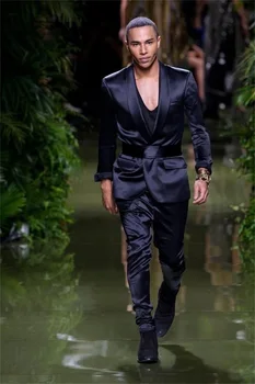 2023 Новые 2-х предметные черные мужские костюмы шелковый атлас дизайнерская одежда для вечеринок с поясом модный бизнес для лучшего мужского пиджака с остроконечным лацканом
