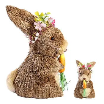 2024 Пасхальный соломенный кролик Стоячее украшение кролика Яркие кролики, держащие морковные фигурки Сад Двор Весенний орнамент