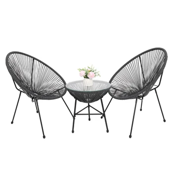 3 предмета Всепогодный набор мебели для бистро Патио Акапулько PE Плетеная и стальная рама с 2 стульями и столешницей из закаленного стекла серый / черный