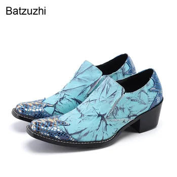 Batzuzhi Роскошные мужские туфли ручной работы с острым носком Синий Натуральная кожа Классическая обувь Мужские 6,5 см Высокие каблуки для вечеринки и свадьбы!