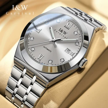 CARNIVAL Бренд IW High-End Fashion Серые мужские часы из нержавеющей стали Водонепроницаемые роскошные импортные механические часы для мужчин 0