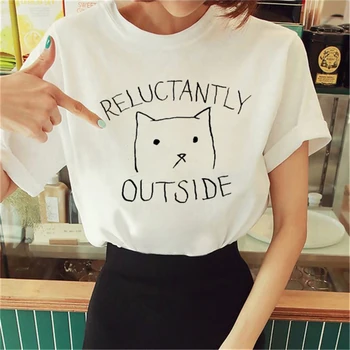 Harajuku Минималистичная футболка с принтом кота с мультяшным рисунком Повседневная женская мода Женская футболка с принтом оверсайз с круглым вырезом Короткая SL