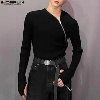 INCERUN Мужская футболка Молния Сплошной цвет с длинным рукавом Повседневная мужская одежда Уличная одежда 2023 Фитнес Корейская мода Футболки S-5XL 0