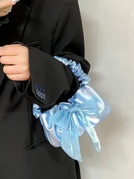 JIAERDI Bow Sweet Y2k Ручные Сумки Женщины Fairy Core Складки Синяя сумка-мессенджер Женская винтажная мини-сумка через плечо Harajuku Эстетика
