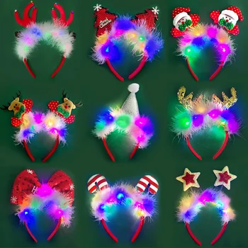 LED Рождественская повязка на голову с подсветкой из перьев Санта-Клаус Лось Светящаяся повязка для волос Светящийся плюшевый обруч для волос Подарок на рождественскую вечеринку