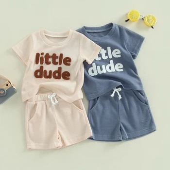  Toddler Boys Летние комплекты одежды Топы с коротким рукавом и буквенным принтом + однотонные шорты на шнурке