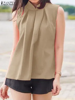 ZANZEA 2023 Летние плиссированные майки Праздничная уличная одежда Camis Stand Collar Блузки без рукавов Корейская мода Повседневные женские майки