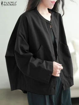 ZANZEA 2023 Осенние пальто BF Style Модные женские однотонные куртки Верхняя одежда с длинным рукавом Уличные куртки с опущенными плечами и большими карманами