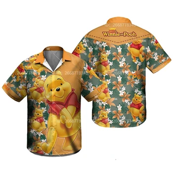 Винни-Пух Гавайская рубашка с коротким рукавом Мультяшная гавайская рубашка Disney Повседневная пляжная рубашка с коротким рукавом Ретро рубашка на пуговицах