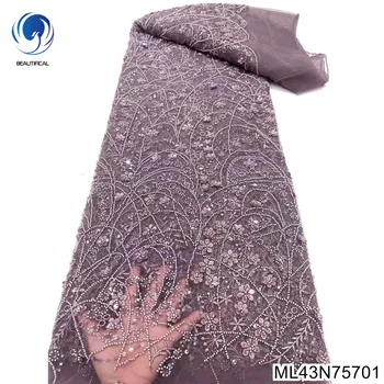 Горячая продажаh Высококачественный дизайн Африканские большие пайетки Шитье Цветок с французской тяжелой кружевной тканью из бисера для вечернего платьяML43N757