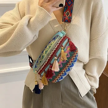 Женские поясные сумки в народном стиле с регулируемым ремешком Поясная сумка пестрого цвета с бахромой Декор Pochete Feminina Riñonera Belt