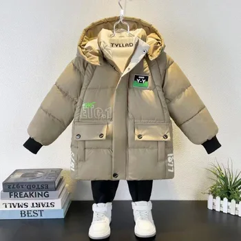 Зимняя куртка из утолщенного хлопка для мальчиков Детская теплая куртка средней длины с капюшоном