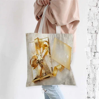 Золотой бант Принт Сумка для покупок Графическая сумка Женская холщовая сумка через плечо Женская повседневная сумка Рождественский подарок
