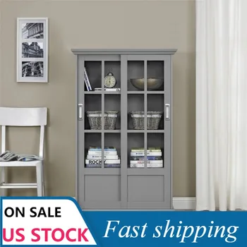 Книжный шкаф Ameriwood Home Aaron Lane с раздвижными стеклянными дверцами, серый 0