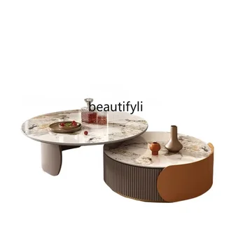круглый журнальный столик с каменной плитой для гостиной Дом Современный простой размер Комбинация Маленькая квартира Чайный столик выдвижной