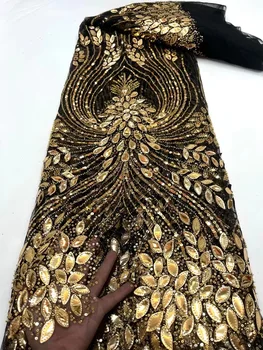 Кружевные ткани ручной работы с пайетками Высококачественная африканская ткань из бисера и тюля Вышивка Кружево с жемчугом для свадебных платьев XC5420