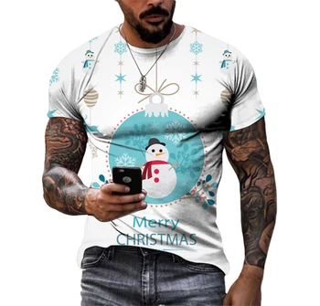 Лето Рождество Снеговик Шаблон Мужская футболка Хип-хоп 3D-печать Личность Шея С коротким рукавом Модная одежда