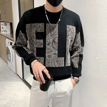 Мужская одежда Письмо Трикотажные свитера для мужчин Пуловеры Черный Круглый Воротник Графический Круглый Вырез Мода 2023 Корейский Теплый Y2K Винтаж X