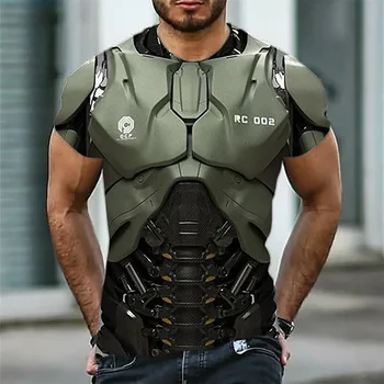  Мужская футболка оверсайз 3d Armor Мода с коротким рукавом Металлический стиль Принт Повседневная Верхняя улица Свободная дышащая 6xl Мужская футболка Одежда