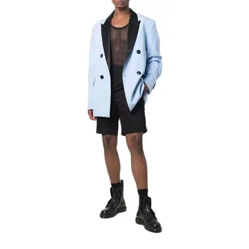 Небесно-голубые мужские костюмы Стандартная посадка 2 шт. Блейзер с коротким летним мужским комплектом Двубортная куртка Черные шорты Повседневный наряд