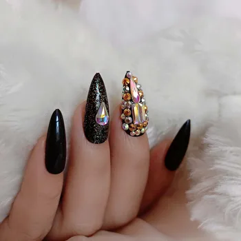  Новая мода ручной работы высокого класса хрустальный бриллиант длинные заостренные накладные ногти 24 шт. сексуальный черный 4