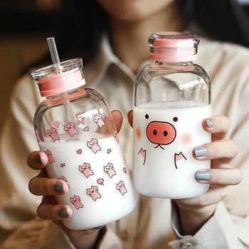  Прозрачная стеклянная бутылка с двойной крышкой, мультяшная свинья, бутылка-непроливайка для молока, чая, сока, студенческая портативная бутылка для питьевой воды, соломинка, чашка 1