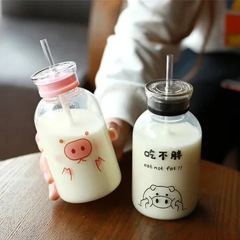  Прозрачная стеклянная бутылка с двойной крышкой, мультяшная свинья, бутылка-непроливайка для молока, чая, сока, студенческая портативная бутылка для питьевой воды, соломинка, чашка 2