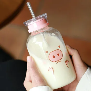  Прозрачная стеклянная бутылка с двойной крышкой, мультяшная свинья, бутылка-непроливайка для молока, чая, сока, студенческая портативная бутылка для питьевой воды, соломинка, чашка 3