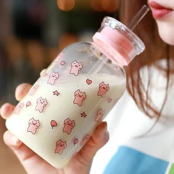  Прозрачная стеклянная бутылка с двойной крышкой, мультяшная свинья, бутылка-непроливайка для молока, чая, сока, студенческая портативная бутылка для питьевой воды, соломинка, чашка 4