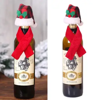 Рождественская бутылка шляпа праздничная настольная украшение плед узор винная бутылка чехол набор для рождественских вечеринок домашний декор на рождество 0