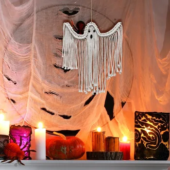 Ручной работы на Хэллоуин Хлопковый тканый гобелен Поделки с кисточками Висячий орнамент Белый жуткий висячий знак Дом с привидениями