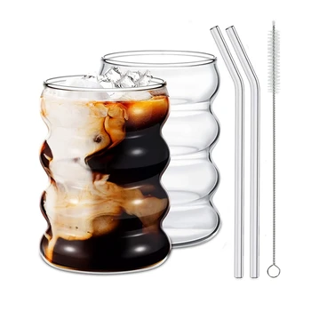  Упаковка из 4 однослойных соломенных чашек из гофрированного стекла с соломенной ребристой стеклянной посудой Кухонный набор кофейных соков 1