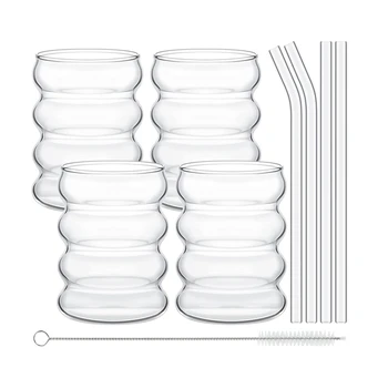  Упаковка из 4 однослойных соломенных чашек из гофрированного стекла с соломенной ребристой стеклянной посудой Кухонный набор кофейных соков 2