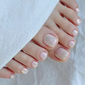  Французские накладные ногти на ногах Мода Простые короткие ногти с квадратным носком Полное покрытие Aurora Ногти для ног для женщин Девушка 0