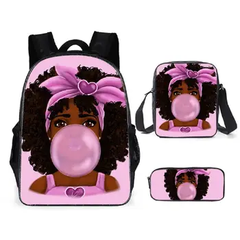  Хип-хоп Африканская девушка 3 шт./комплект Рюкзак 3D-печать Школьный студент Книжная сумка Мода Путешествия Ноутбук Рюкзак Плечо Сумка Пенал 0