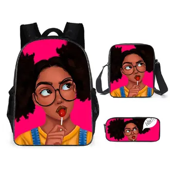  Хип-хоп Африканская девушка 3 шт./комплект Рюкзак 3D-печать Школьный студент Книжная сумка Мода Путешествия Ноутбук Рюкзак Плечо Сумка Пенал 1