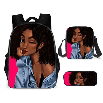  Хип-хоп Африканская девушка 3 шт./комплект Рюкзак 3D-печать Школьный студент Книжная сумка Мода Путешествия Ноутбук Рюкзак Плечо Сумка Пенал 2