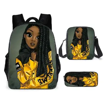  Хип-хоп Африканская девушка 3 шт./комплект Рюкзак 3D-печать Школьный студент Книжная сумка Мода Путешествия Ноутбук Рюкзак Плечо Сумка Пенал 3