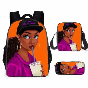  Хип-хоп Африканская девушка 3 шт./комплект Рюкзак 3D-печать Школьный студент Книжная сумка Мода Путешествия Ноутбук Рюкзак Плечо Сумка Пенал 4